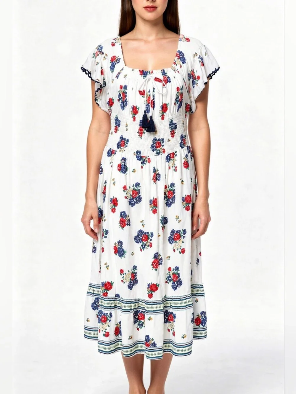 Tory Burch Meadow Folly Cotton Voile Midi Dress with a red and blue floral print
